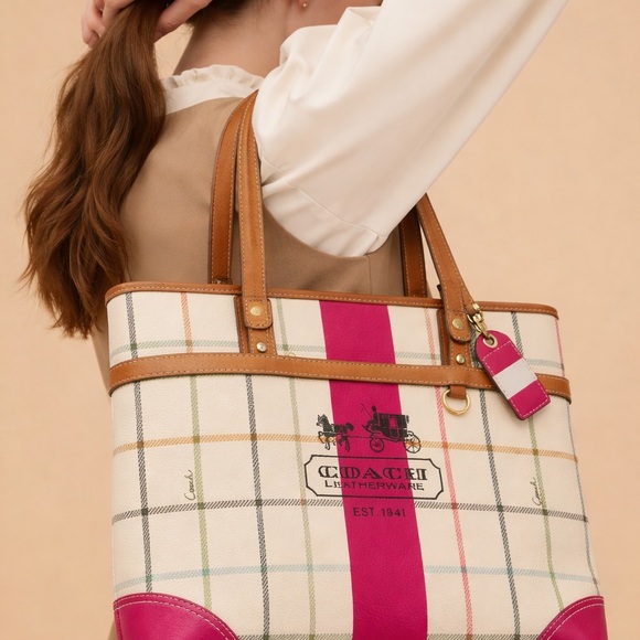 Coach Plaid Tote Bag - Burgundy and Cream - Picture 2 of 7